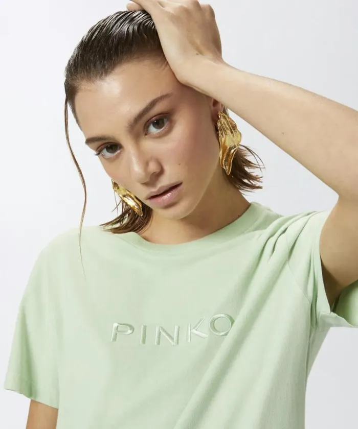 Women Topwear Pinko Tshirt Embroidered Logo Effect Mist Women Topwear Pinko Tshirt Embroidered Logo Effect Mist