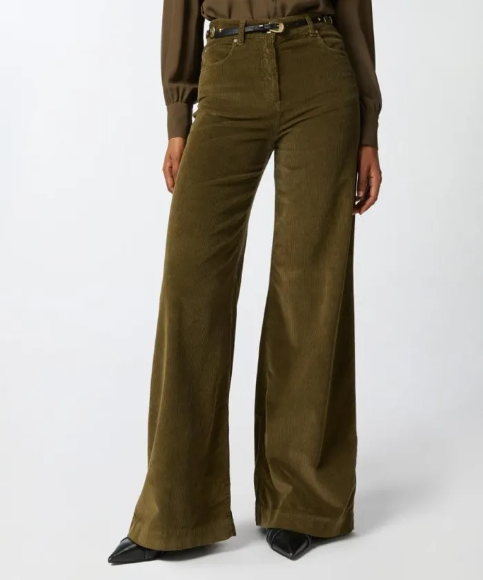 Women Trousers Pinko Corduroy Palazzo Trousers Dark Olive Green Women Trousers Pinko Corduroy Palazzo Trousers Dark Olive Green