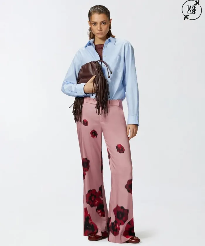 Women Trousers Pinko Satin Trousers With Floral Print Pinkred