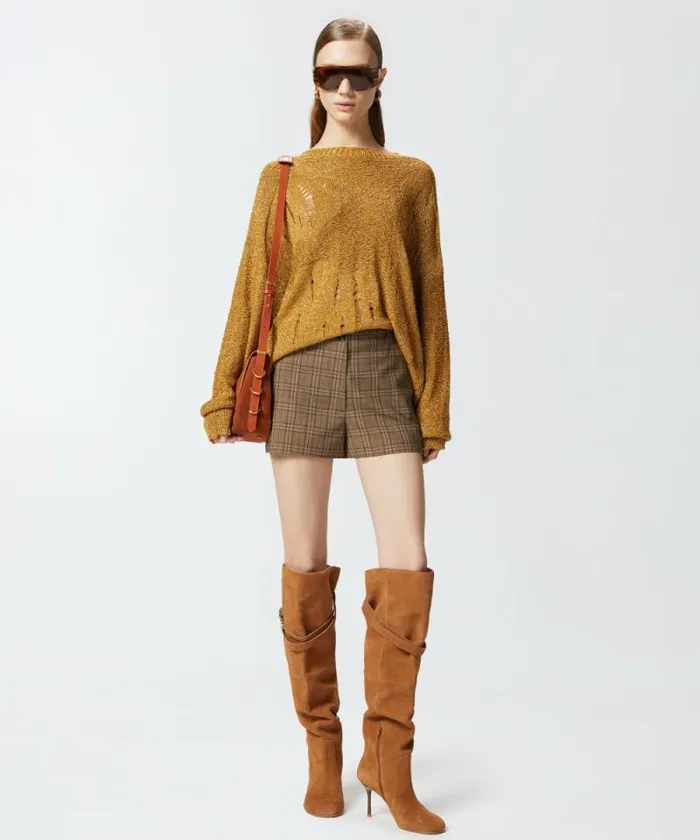 Women Trousers Pinko Wideleg Check Shorts Brown Camel