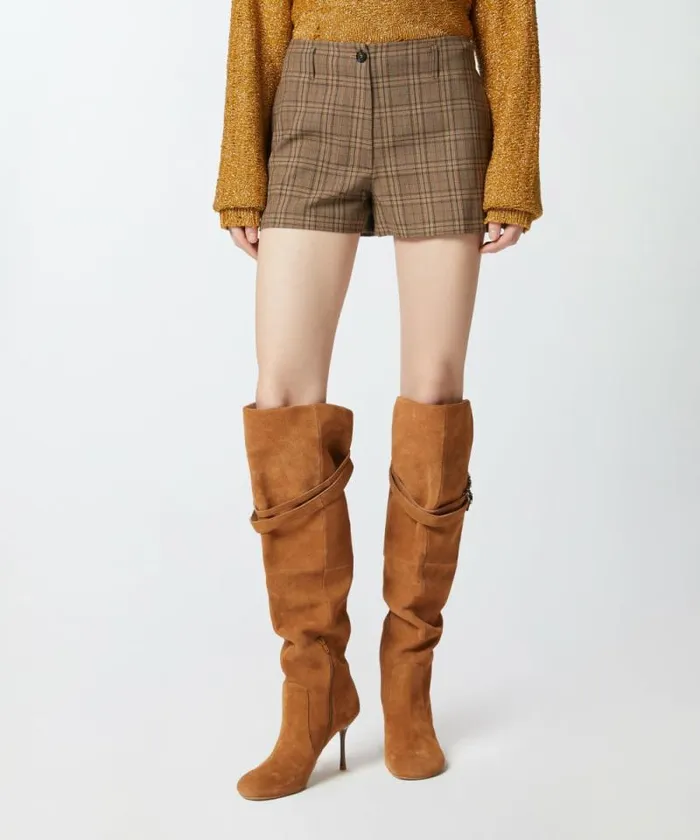Women Trousers Pinko Wideleg Check Shorts Brown Camel