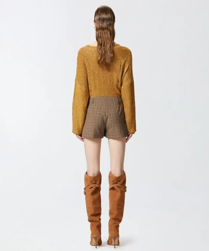 Women Trousers Pinko Wideleg Check Shorts Brown Camel