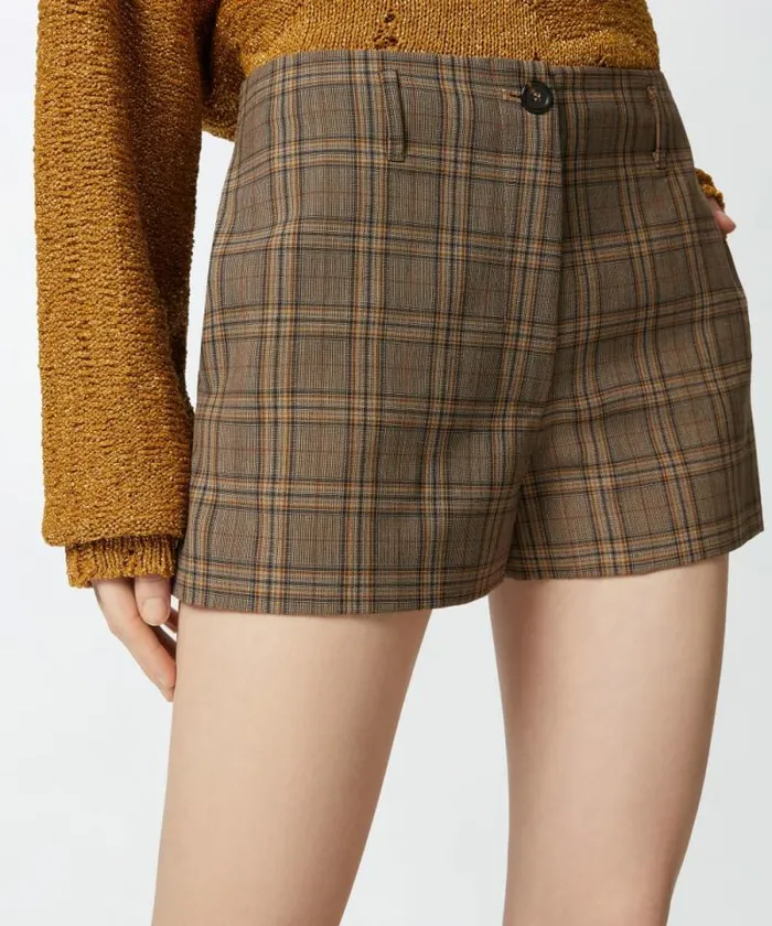 Women Trousers Pinko Wideleg Check Shorts Brown Camel