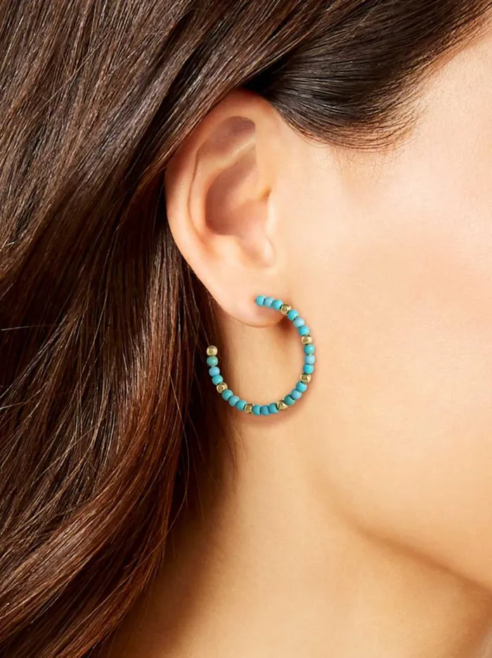 Women Turquoise Collection Jessica Simpson Turquoise Bead Hoop Earrings In Gold