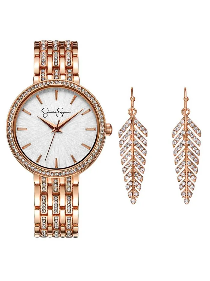 Women Watches Jessica Simpson Crystal Bezel Watch and Feather Earring Set In Rose Gold Tone