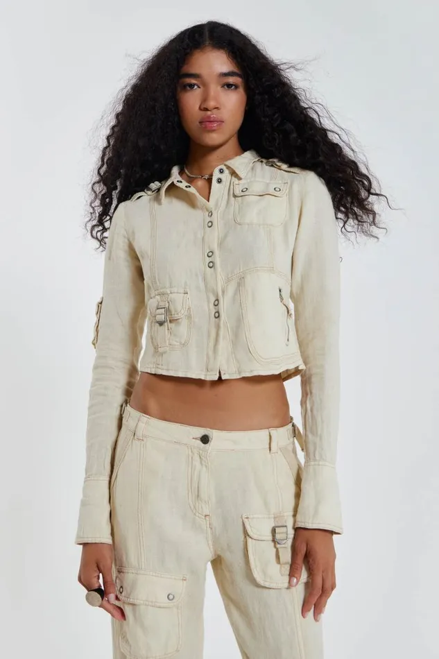 Women Y2K Ecru Linen Cargo Shirt Jaded London CoOrds
