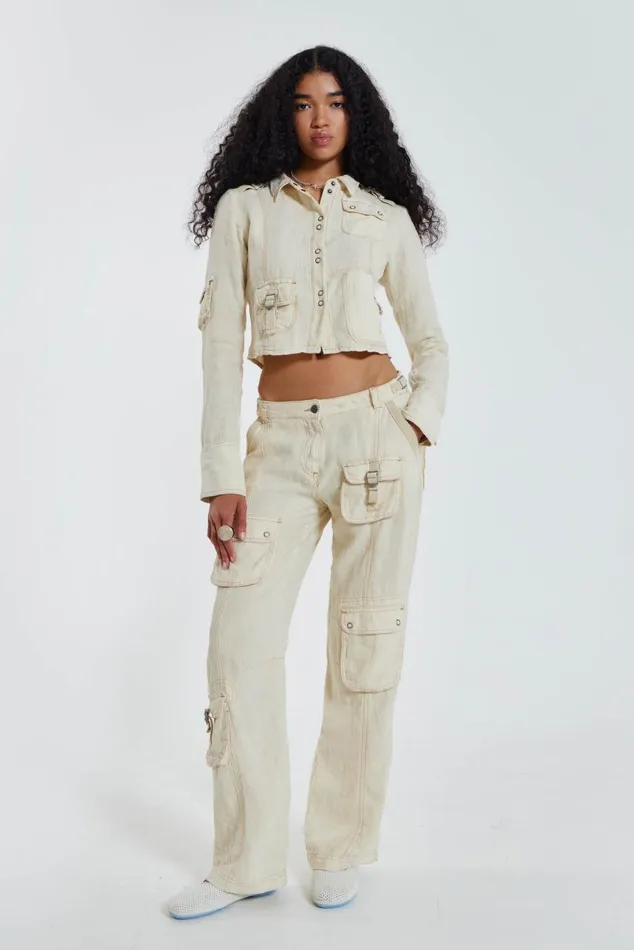 Women Y2K Ecru Linen Cargo Shirt Jaded London CoOrds
