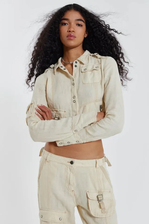 Women Y2K Ecru Linen Cargo Shirt Jaded London CoOrds