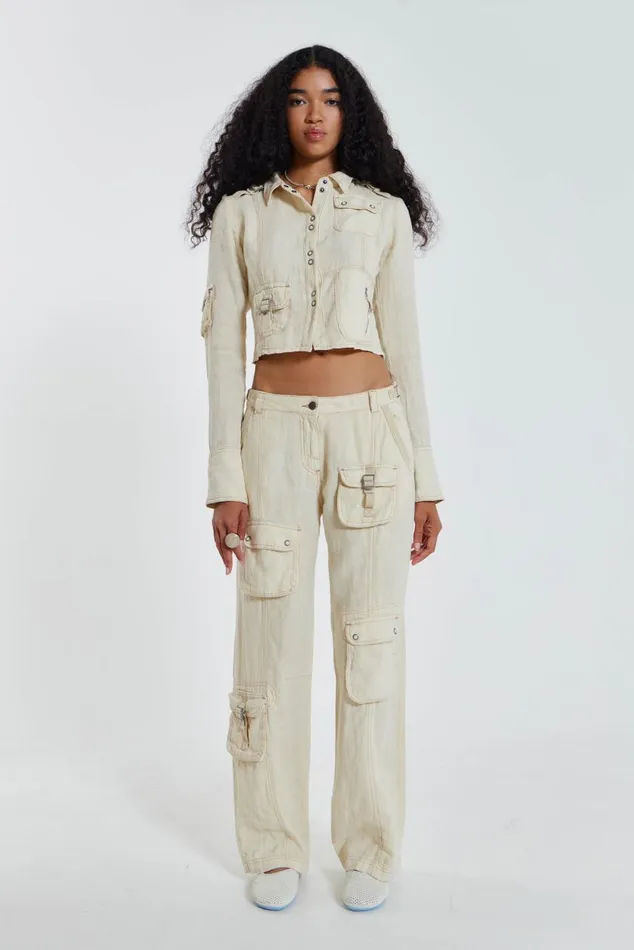 Women Y2K Ecru Linen Cargo Shirt Jaded London CoOrds
