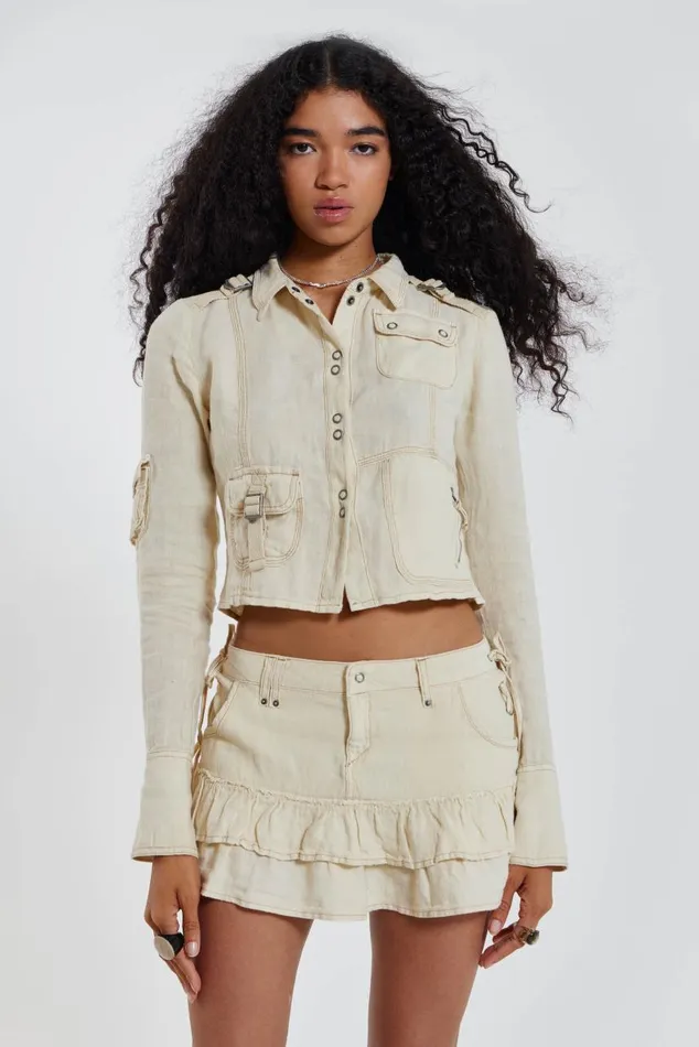 Women Y2K Ecru Linen Cargo Shirt Jaded London CoOrds