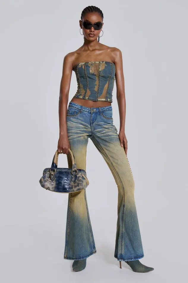 Women Yellow Sand Wash Flared Low Rise Jeans Jaded London Jeans