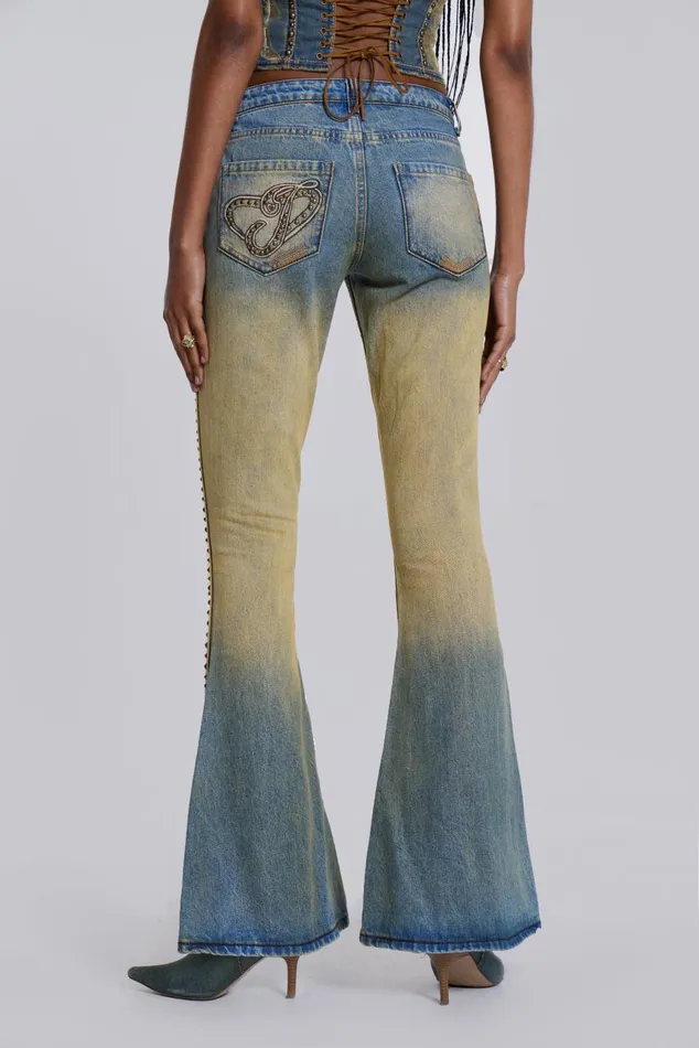 Women Yellow Sand Wash Flared Low Rise Jeans Jaded London Jeans