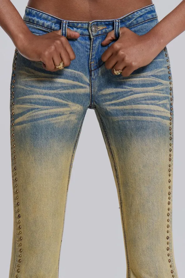 Women Yellow Sand Wash Flared Low Rise Jeans Jaded London Jeans