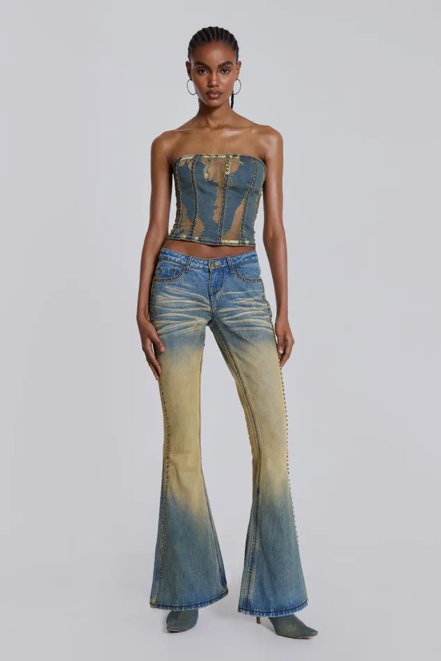 Women Yellow Sand Wash Flared Low Rise Jeans Jaded London Jeans