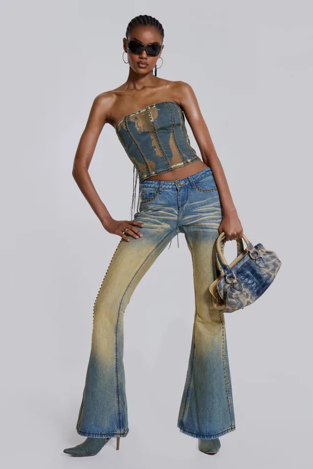 Women Yellow Sand Wash Flared Low Rise Jeans Jaded London Jeans