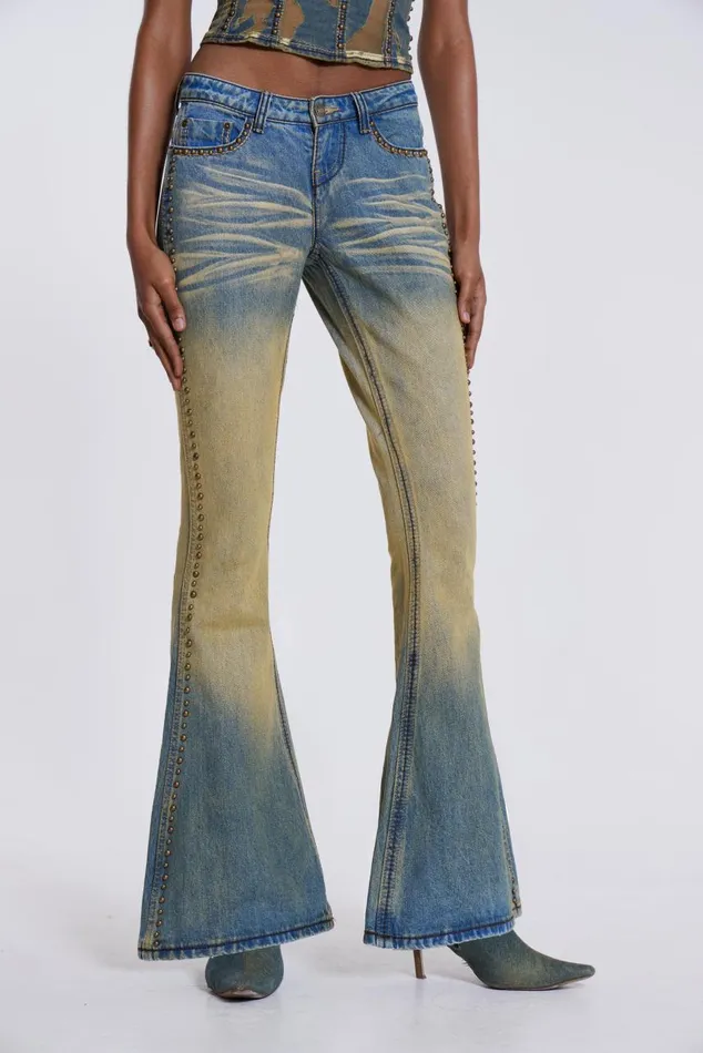 Women Yellow Sand Wash Flared Low Rise Jeans Jaded London Jeans